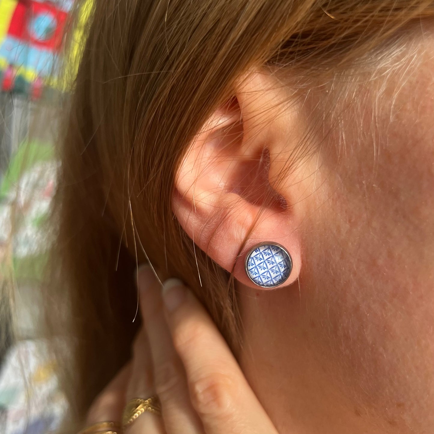 Blue and white geometric Stud Earrings