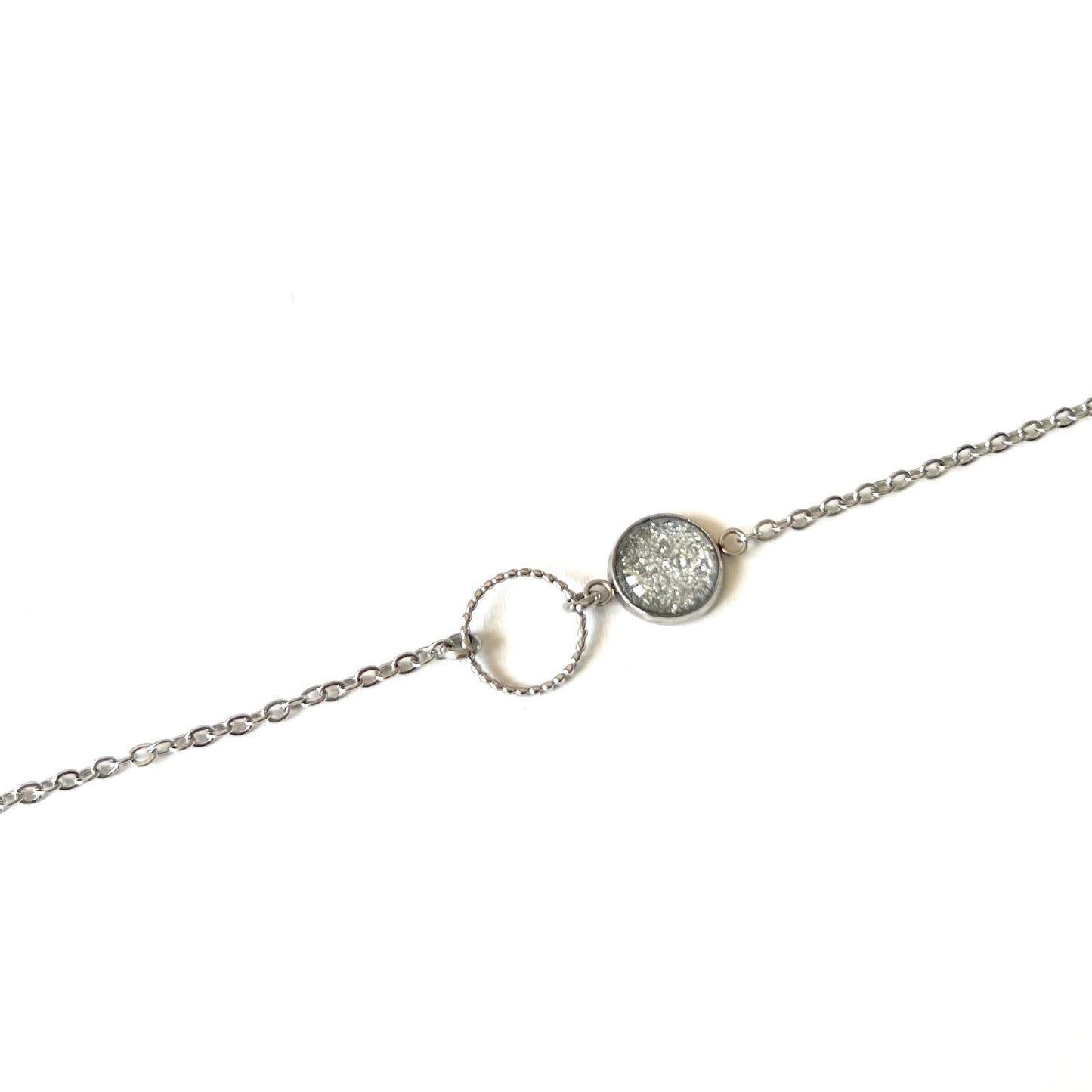 Bracelet Fin Paillettes Argentées, anneau ciselé en Acier Inoxydable