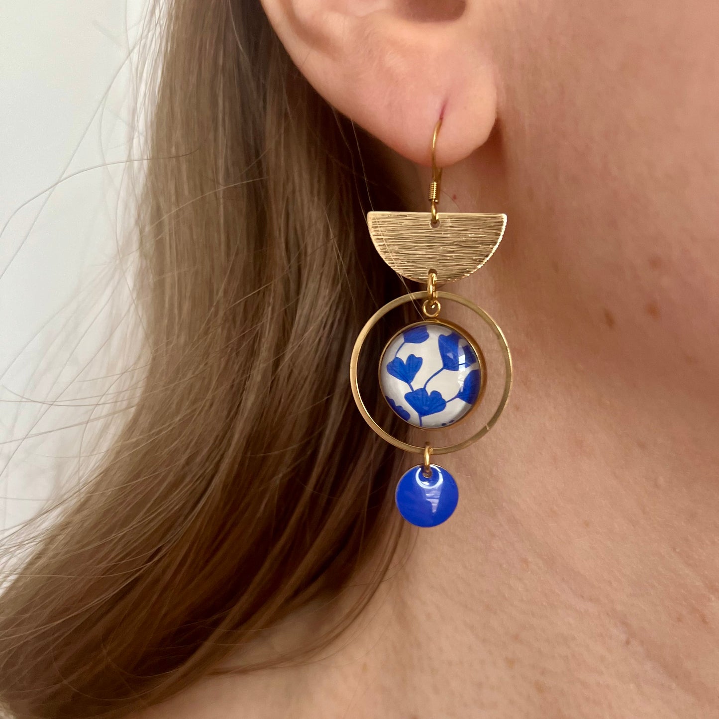 blue ginkgo leaves Earrings , Golden Stainless Steel Earrings 