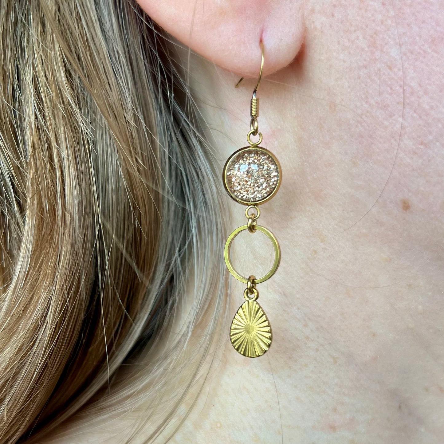 gold glitter mismatched Earrings , Golden Finish