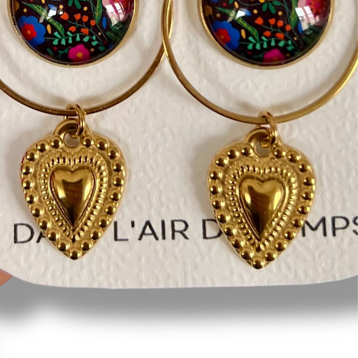 colorful and black floral Earrings, mexican heart