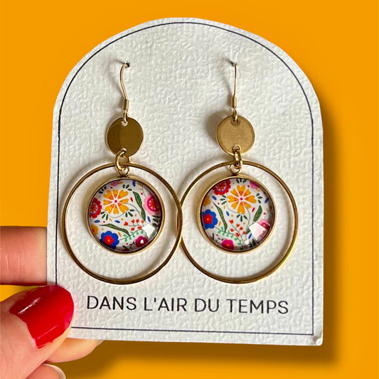 Colorful and white Flower Hoop earrings, Golden or Silver Finish