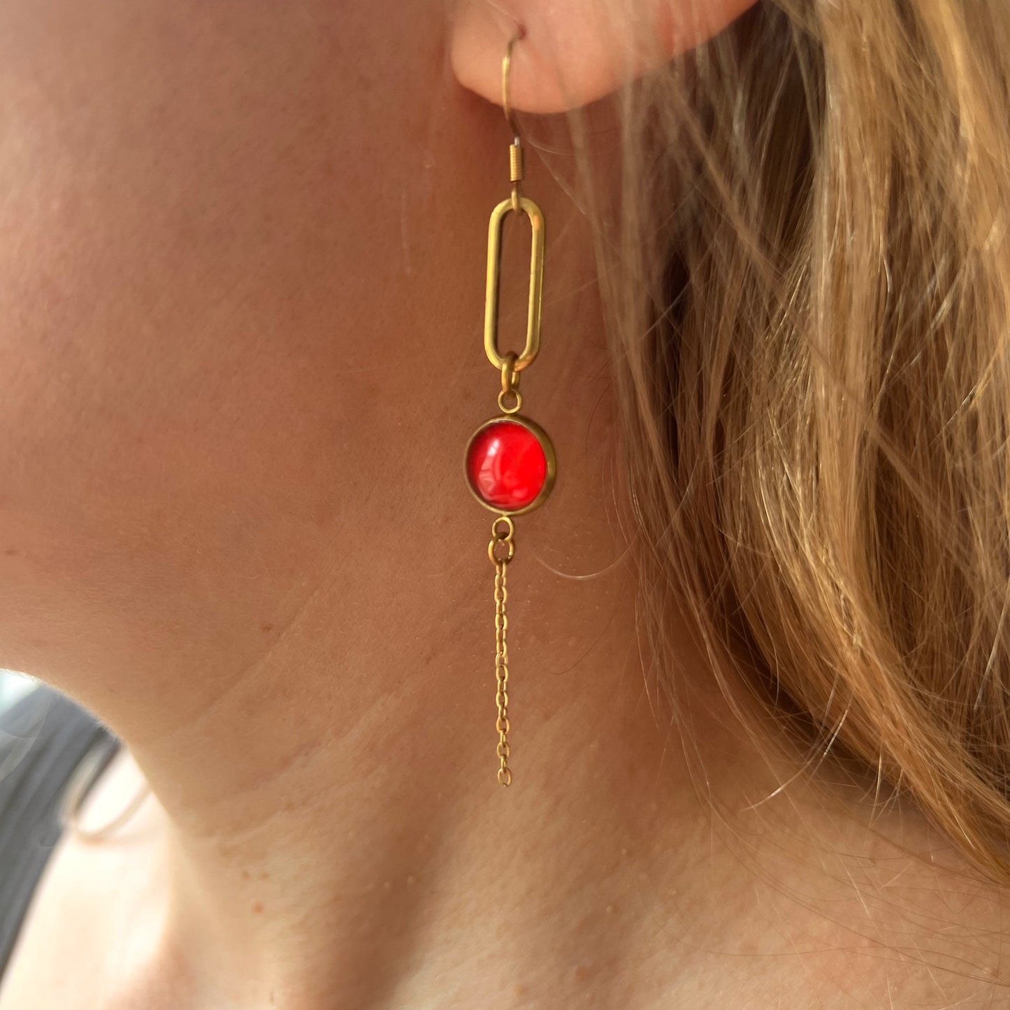 Red mismatched Earrings , Golden Finish