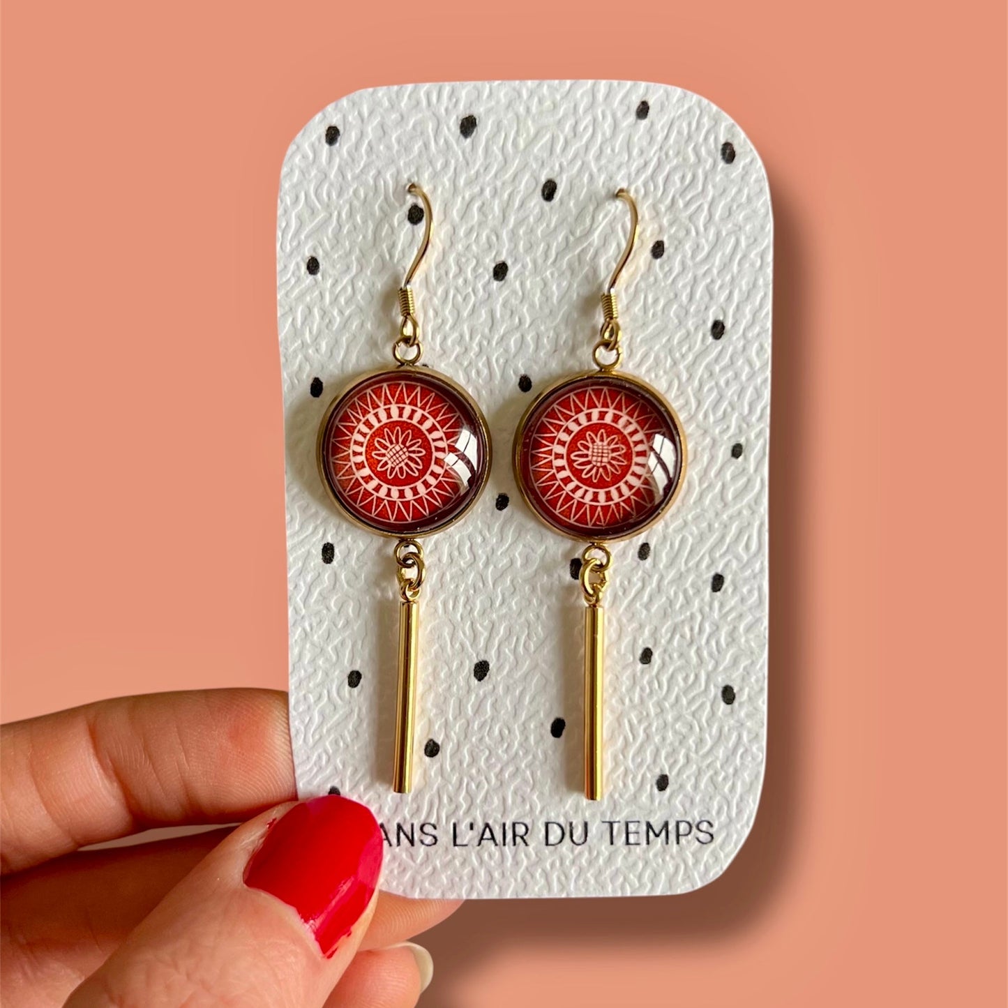 Burgundy mandala Dangle Earrings, Golden 