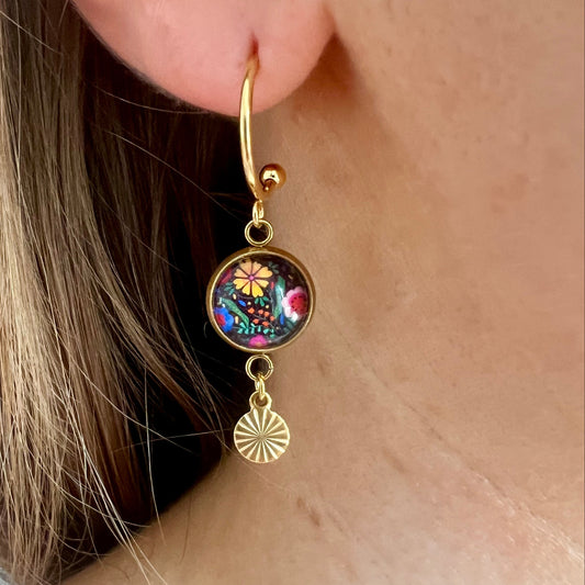Orange and Green Mandala HOOP EARRINGS, golden or silver finish