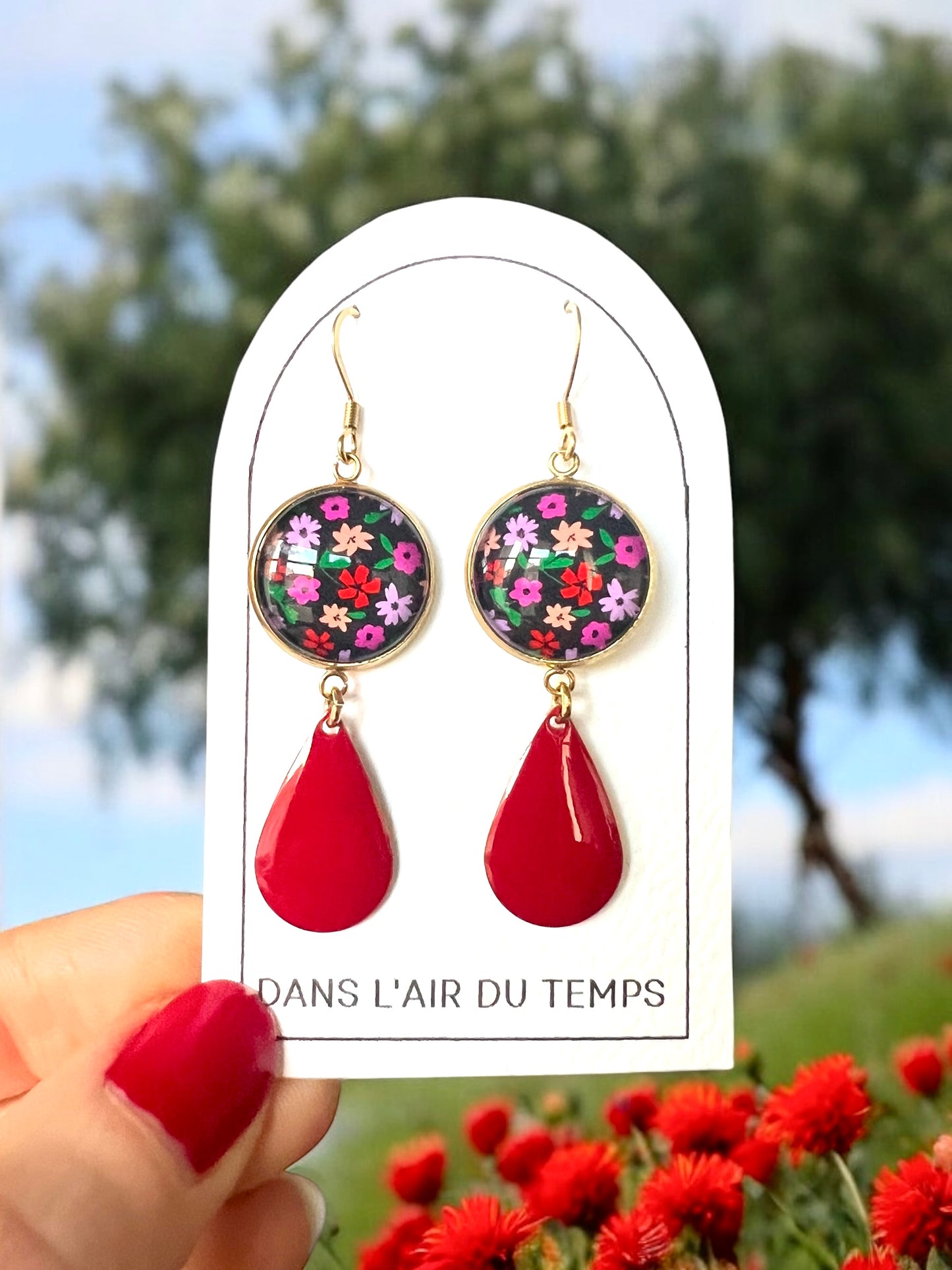 Pink and red Flowers Earrings, red Enamel, Golden or Silver Finish