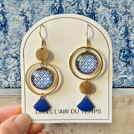 Blue and White mismatched Earrings , Golden Stainless Steel Earrings 