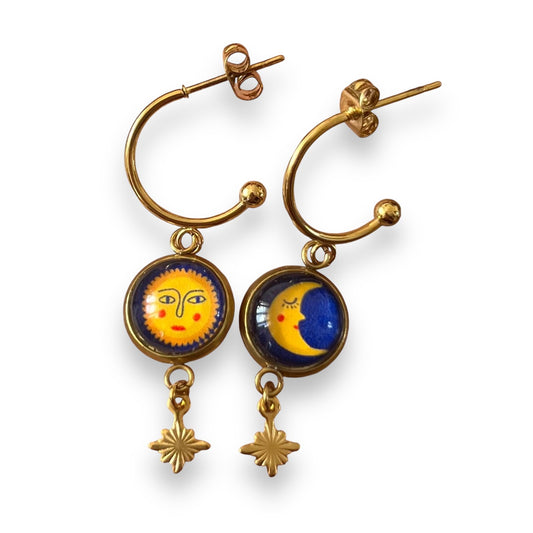 Sun Face and Moon HOOP EARRINGS