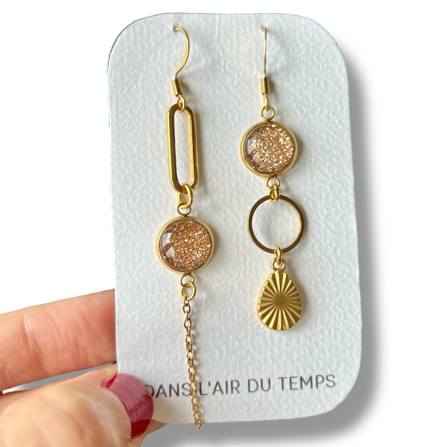 gold glitter mismatched Earrings , Golden Finish