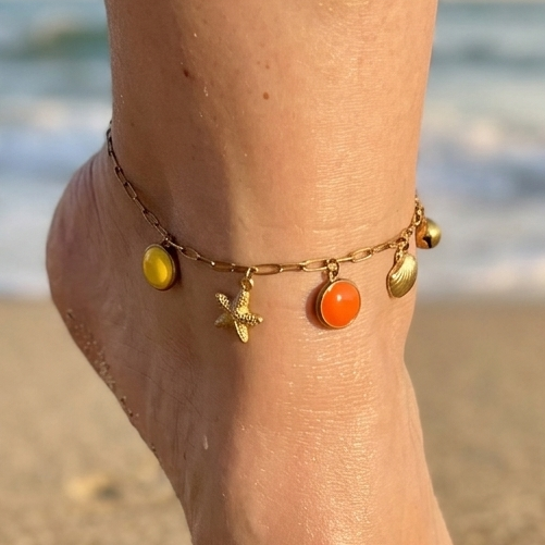 Bracelet de cheville breloques rose, orange et jaune