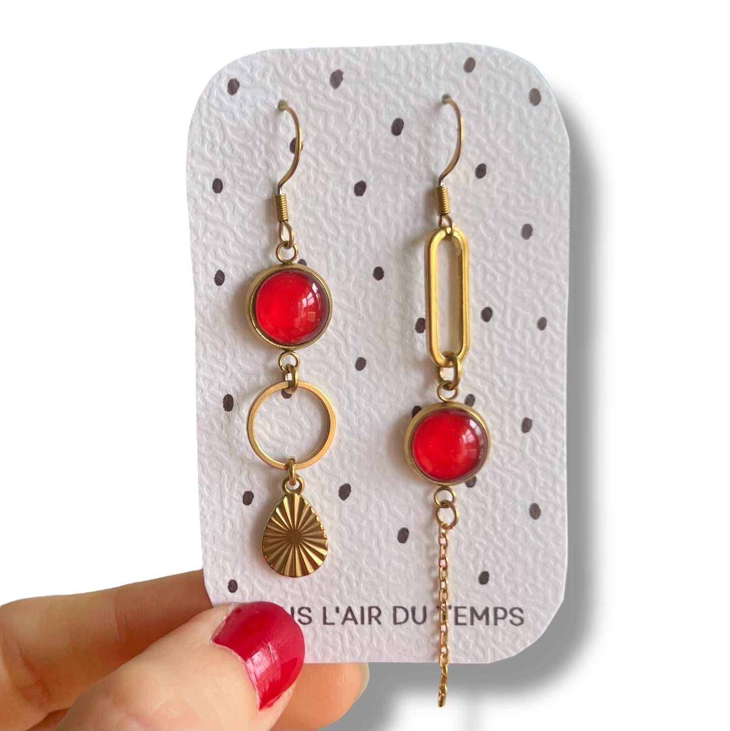 Red mismatched Earrings , Golden Finish