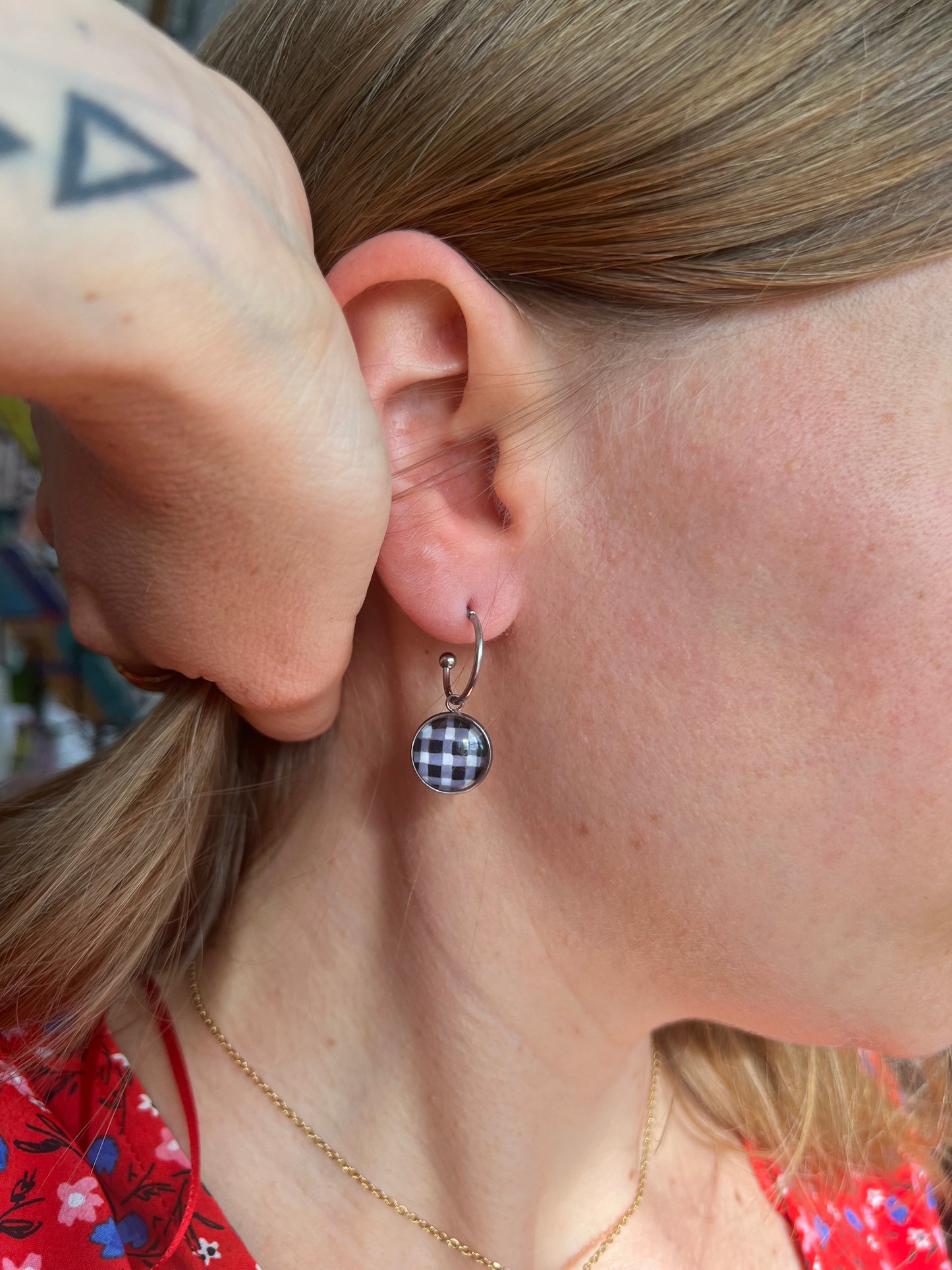 Black and White Gingham Hoop Earrings