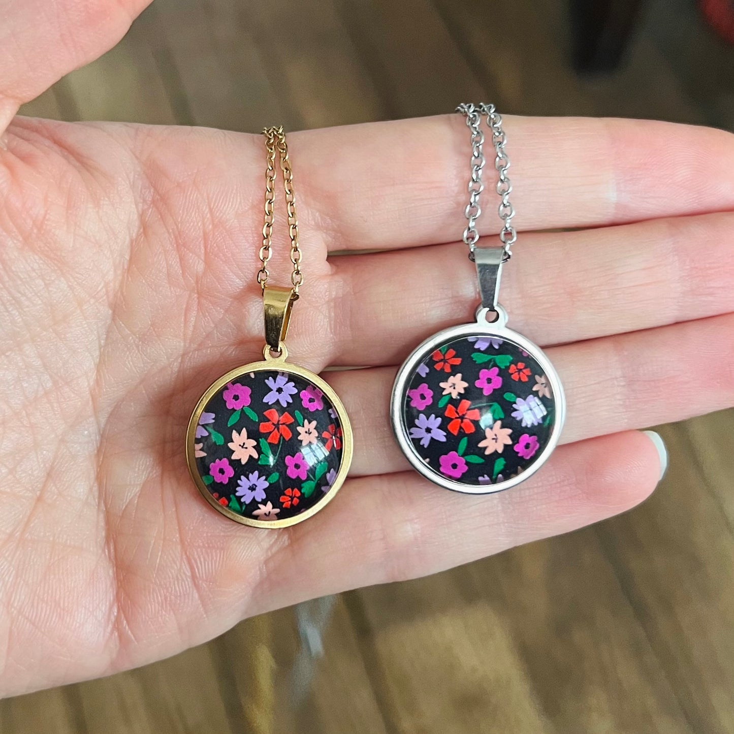 Pink, red and black FLORAL Necklace - Golden Stainless Steel Necklace 