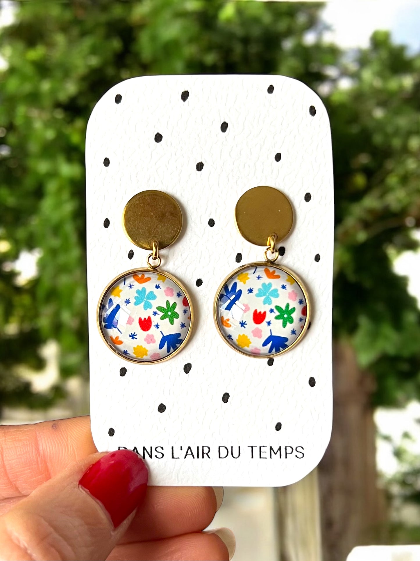 Boucles d'Oreilles motif géométrique multicolores style matisse finition dorée ou argentée