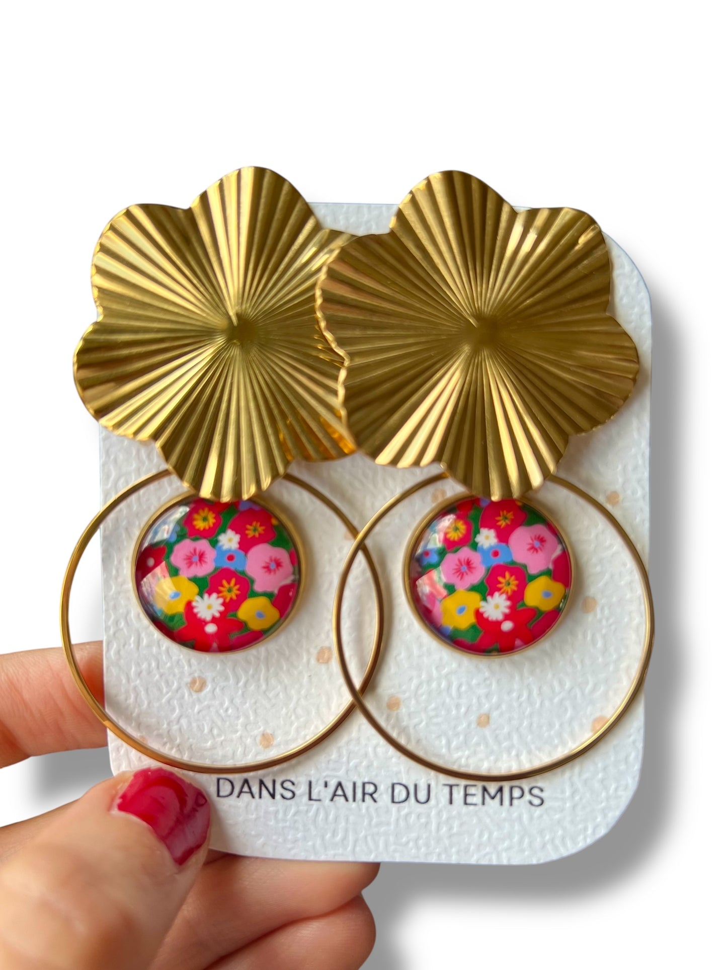 Grandes BOUCLES D'OREILLES Fleurs multicolores sur fond vert