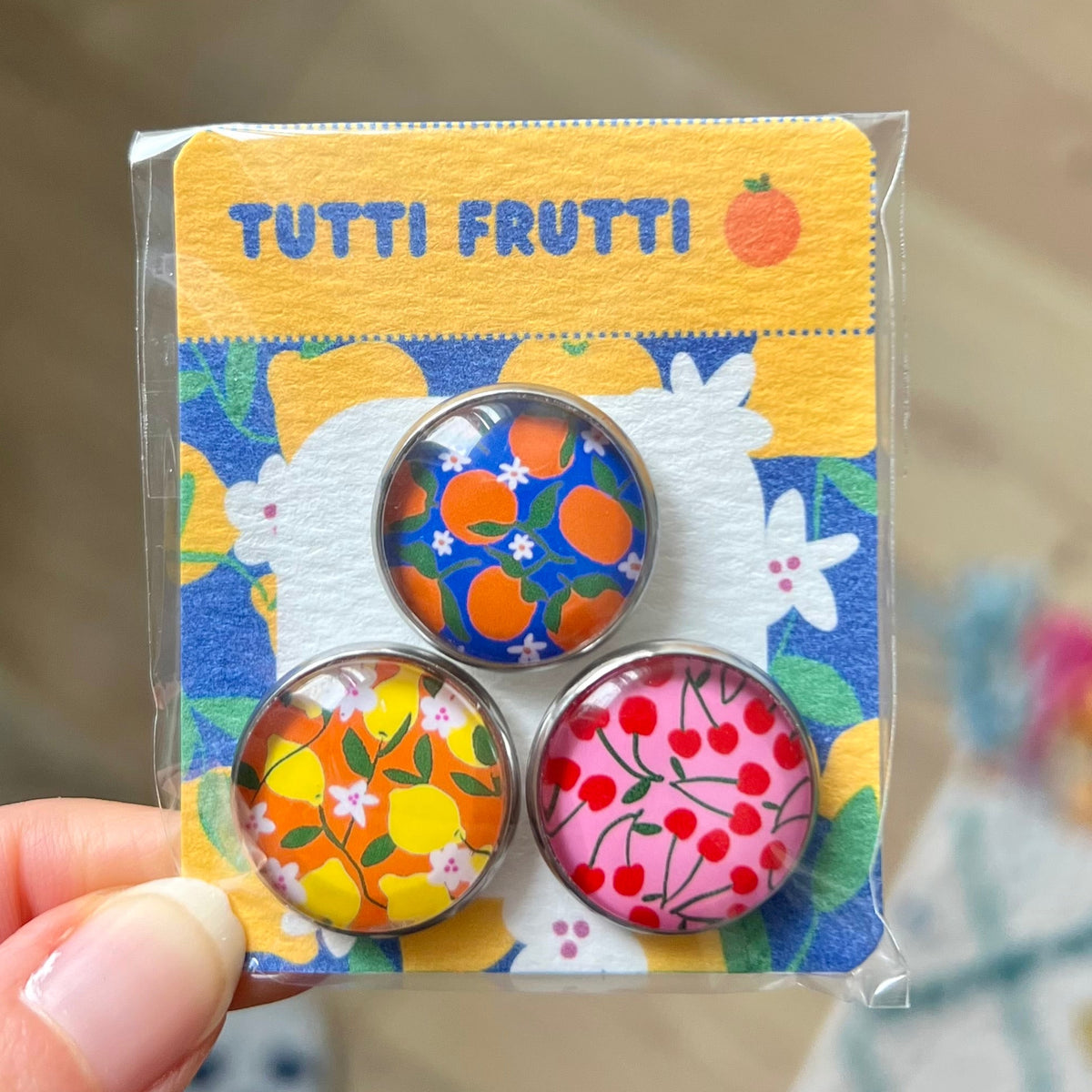 Lot de 3 magnets colorés fruits - Cerises, Oranges, Citrons