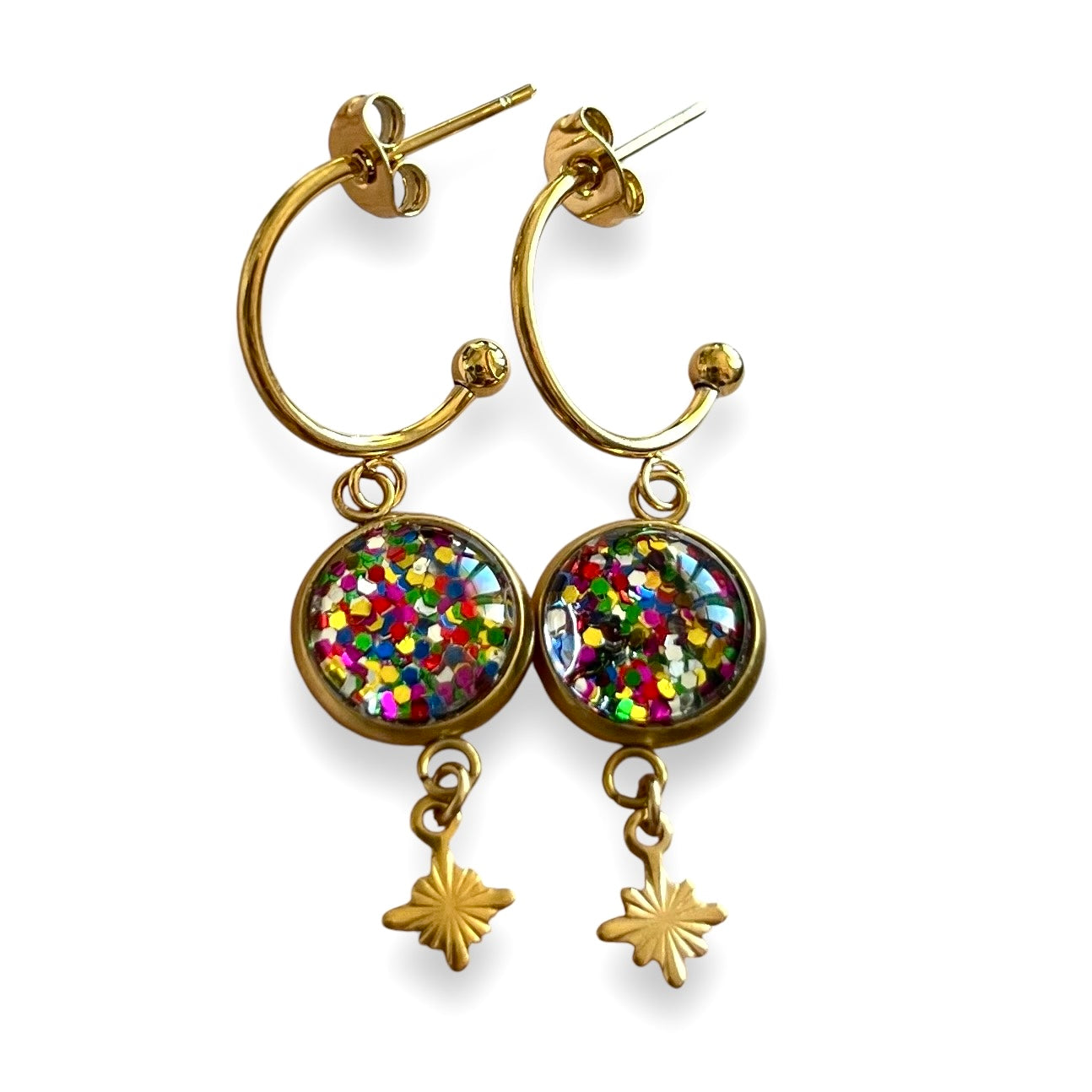 Rainbow glitters golden HOOP EARRINGS