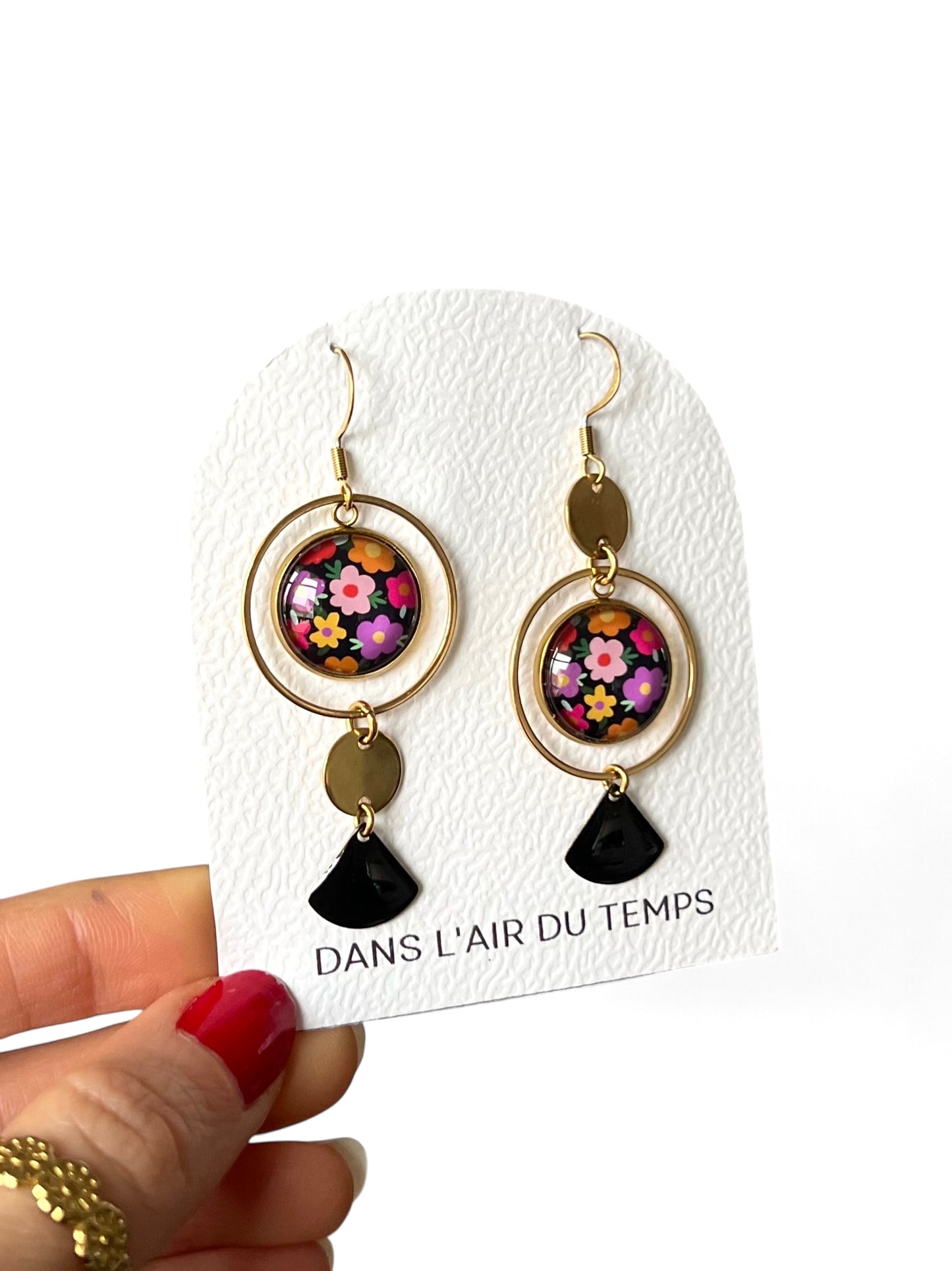 Colorful floral and black mismatched Earrings , Golden or Silver Finish