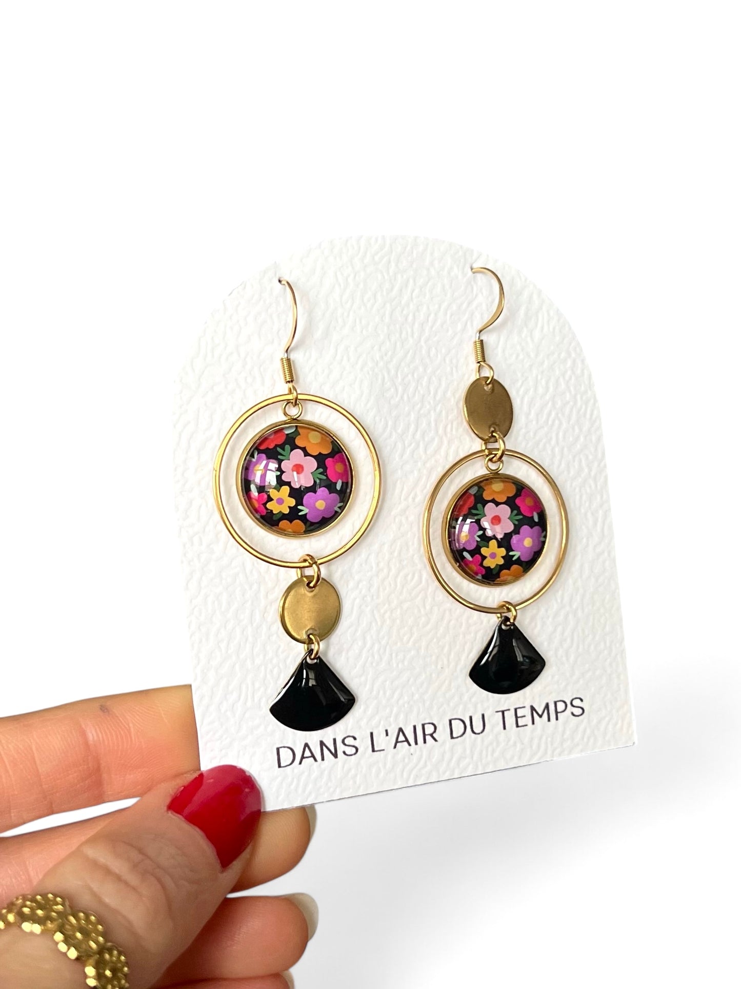 Colorful floral and black mismatched Earrings , Golden or Silver Finish