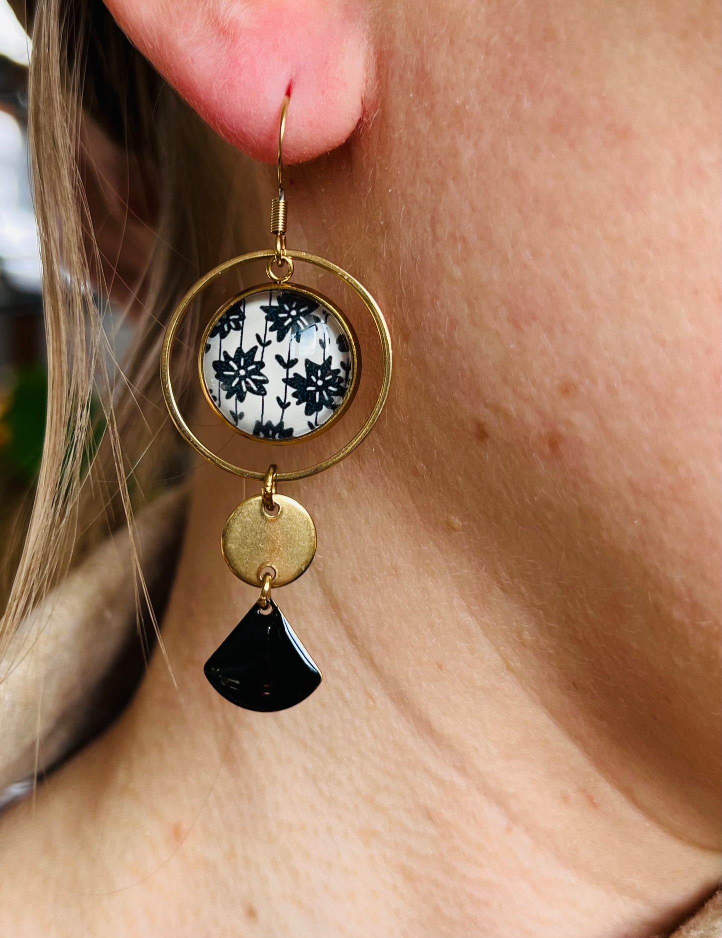 Black and White floral mismatched Earrings , Golden or Silver Finish