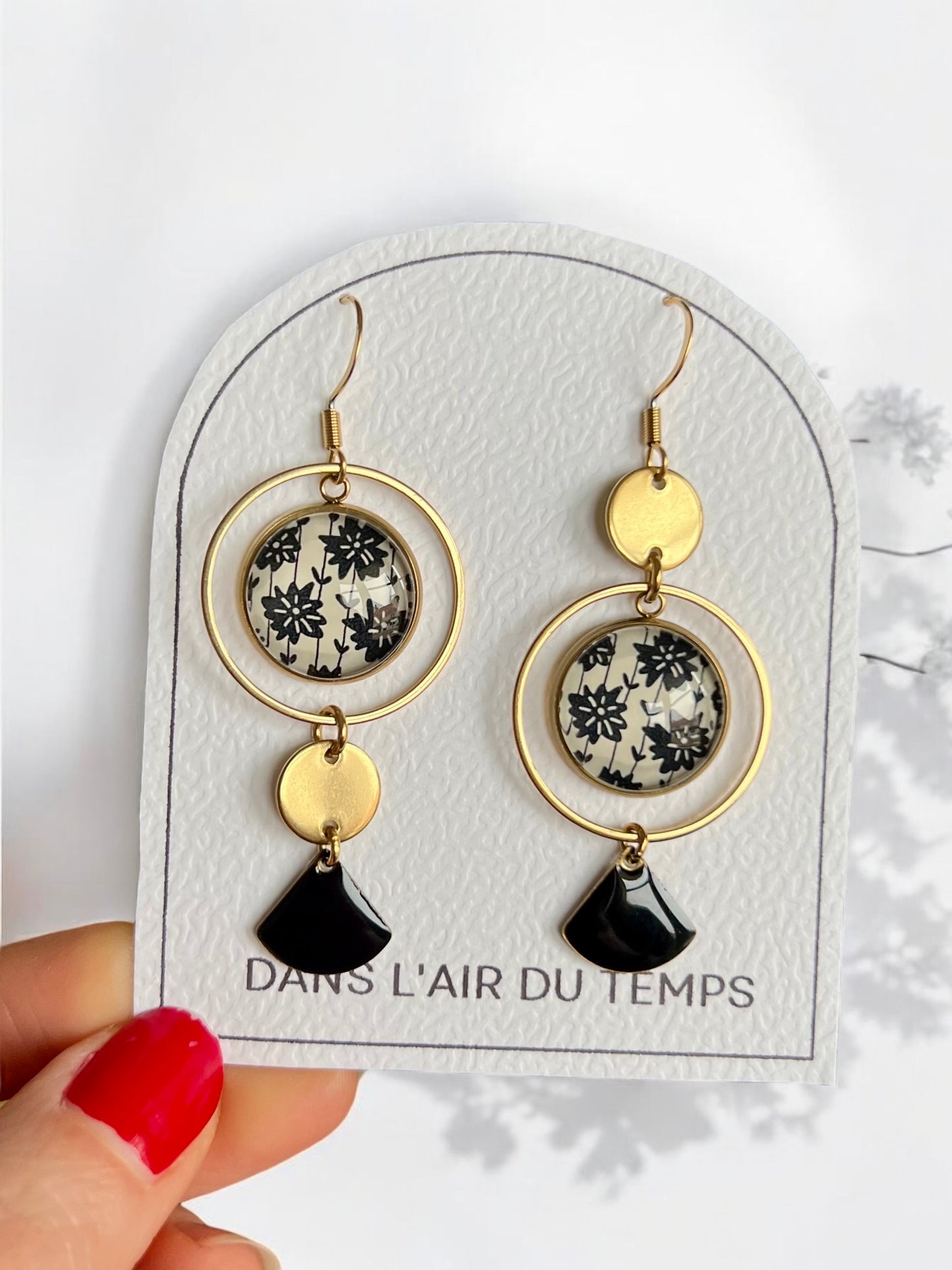 Black and White floral mismatched Earrings , Golden or Silver Finish