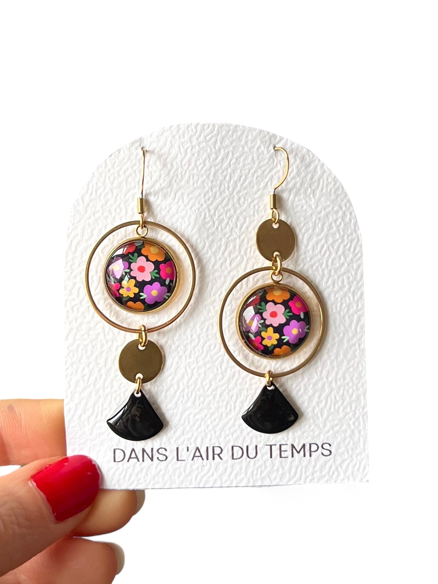 Colorful floral and black mismatched Earrings , Golden or Silver Finish