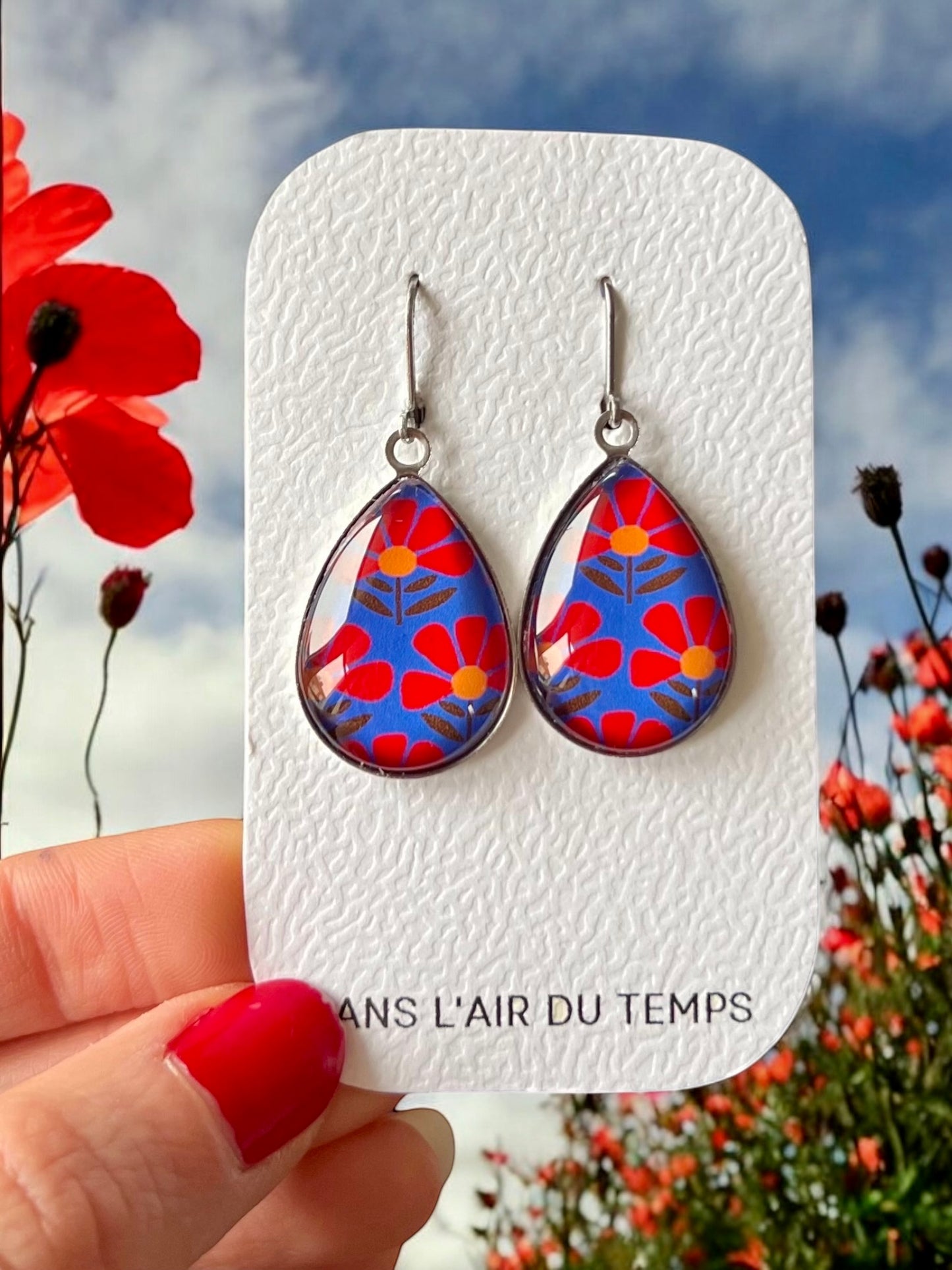 Boucles d'Oreilles Gouttes motif japonais bleu et rouge