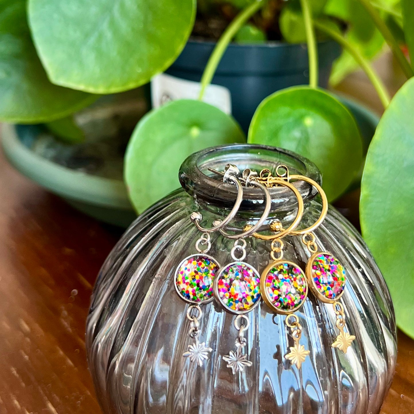 Rainbow glitters golden HOOP EARRINGS