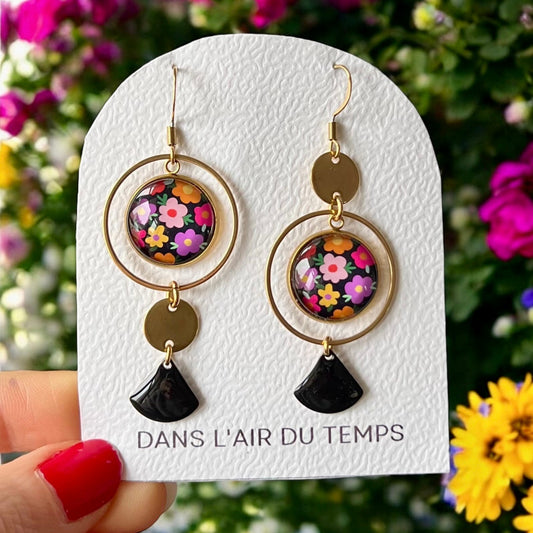 Colorful floral and black mismatched Earrings , Golden or Silver Finish