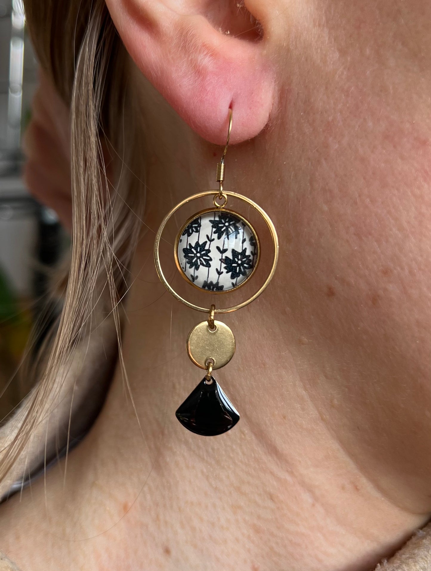 Black and White floral mismatched Earrings , Golden or Silver Finish