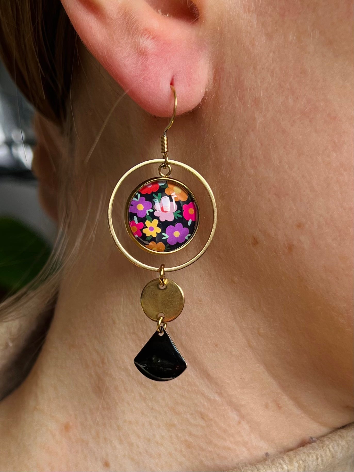 Colorful floral and black mismatched Earrings , Golden or Silver Finish