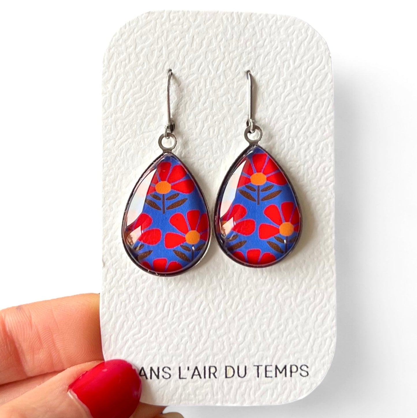 Boucles d'Oreilles Gouttes motif japonais bleu et rouge