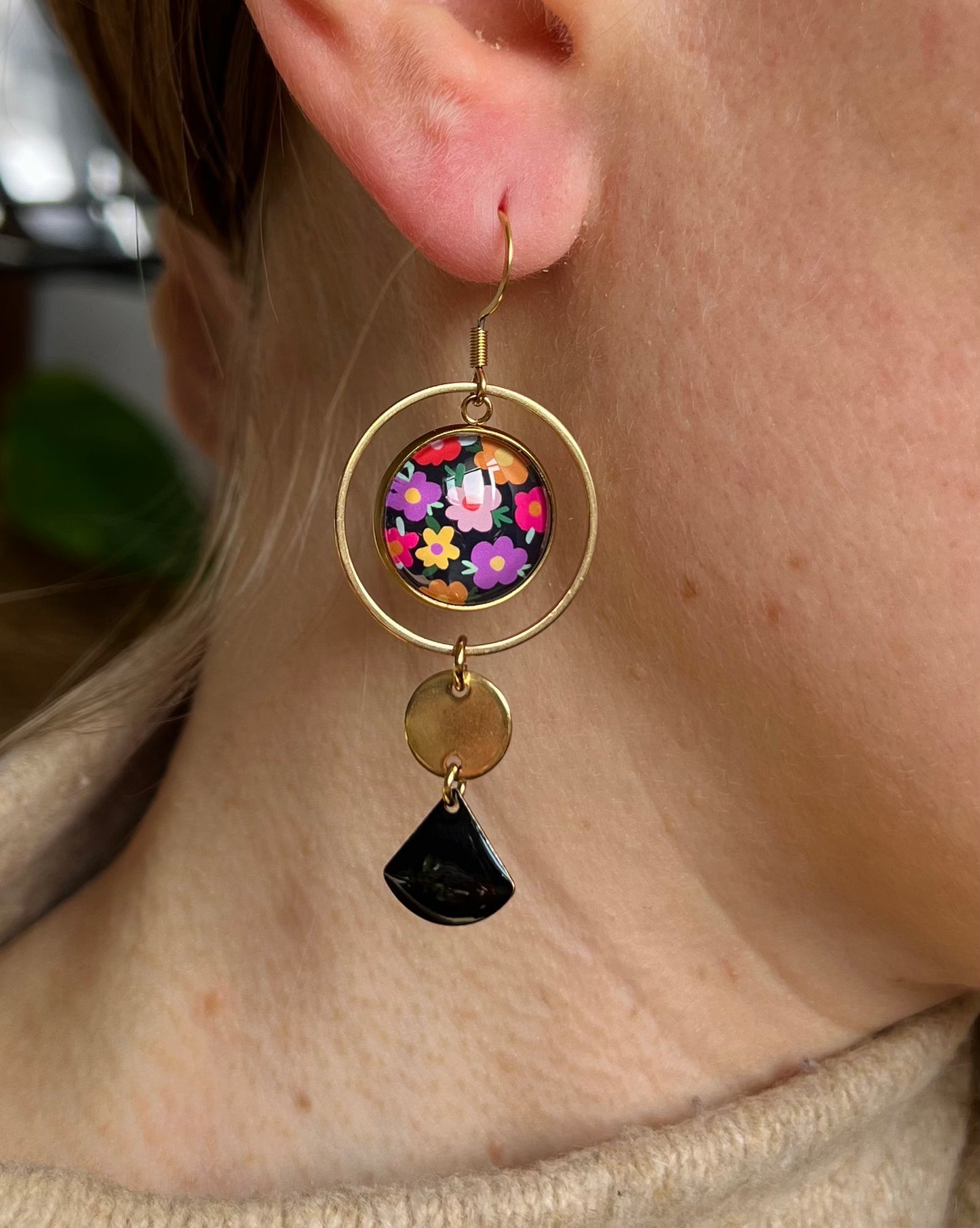 Colorful floral and black mismatched Earrings , Golden or Silver Finish