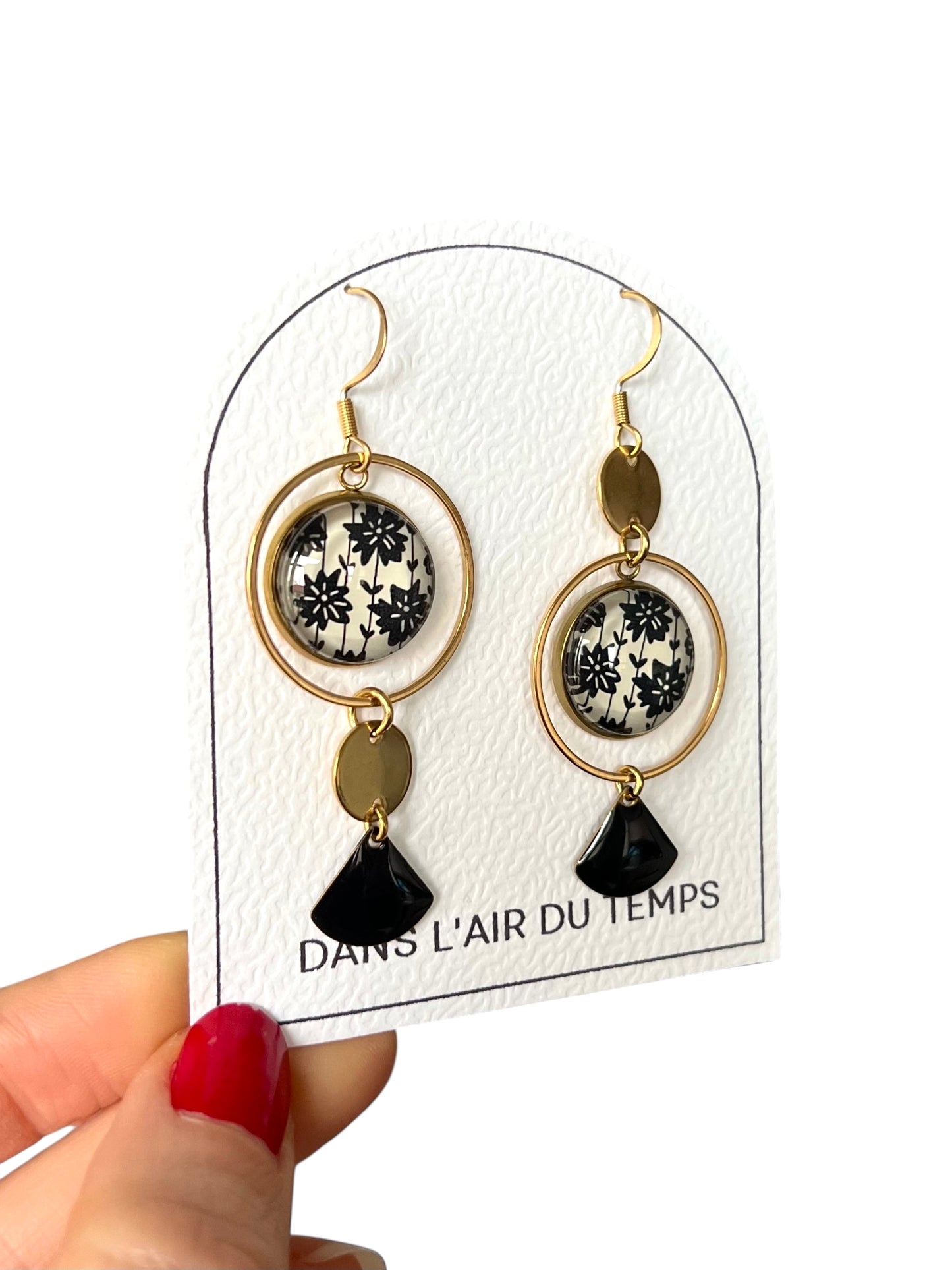 Black and White floral mismatched Earrings , Golden or Silver Finish