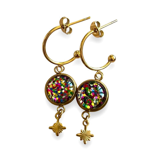 Rainbow glitters golden HOOP EARRINGS