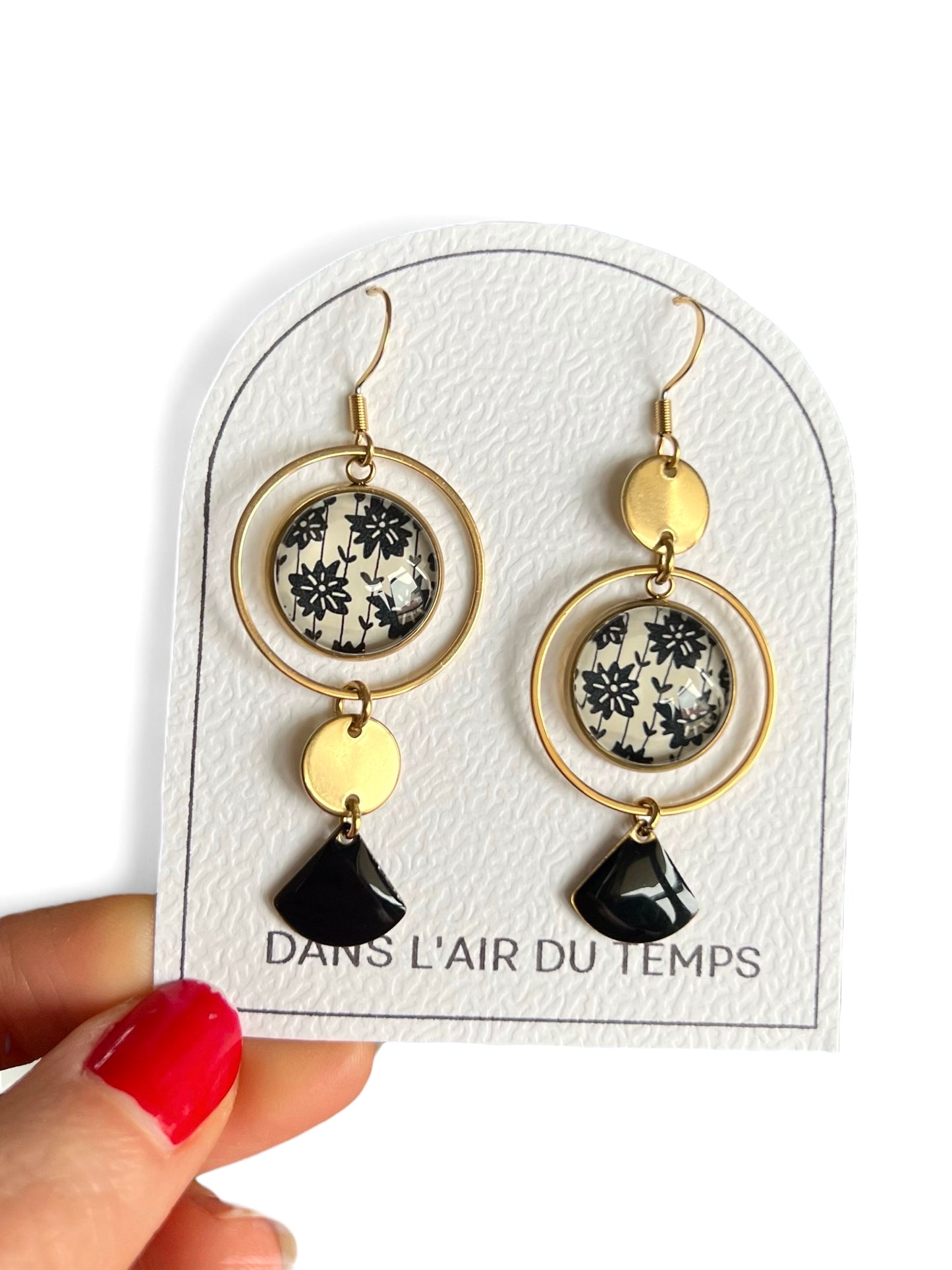 Black and White floral mismatched Earrings , Golden or Silver Finish