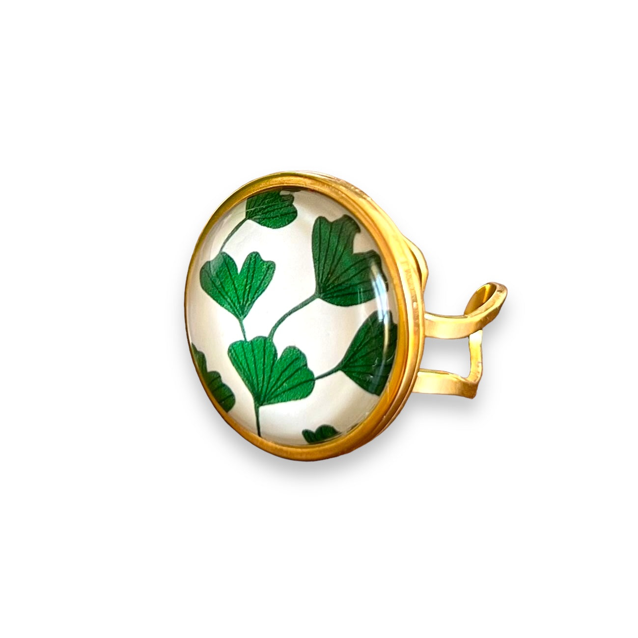 Bague dorée Feuilles de Ginkgo vertes