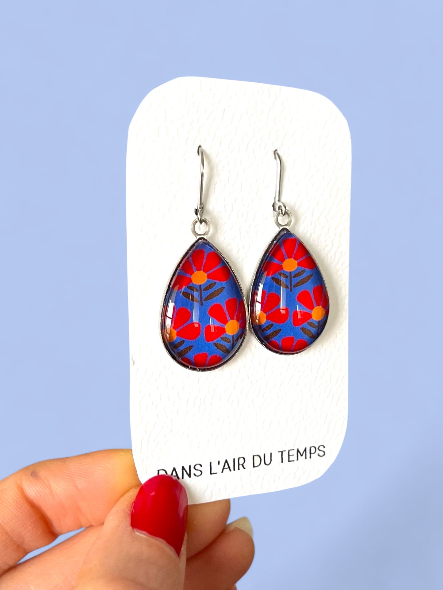 Boucles d'Oreilles Gouttes motif japonais bleu et rouge