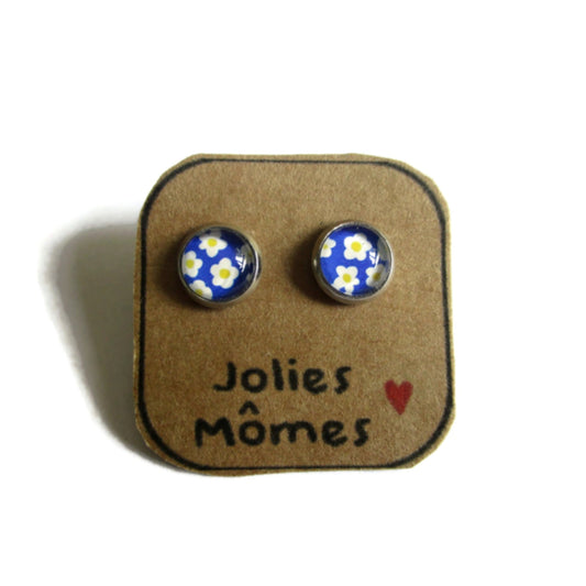 70's blue flowers stud earrings