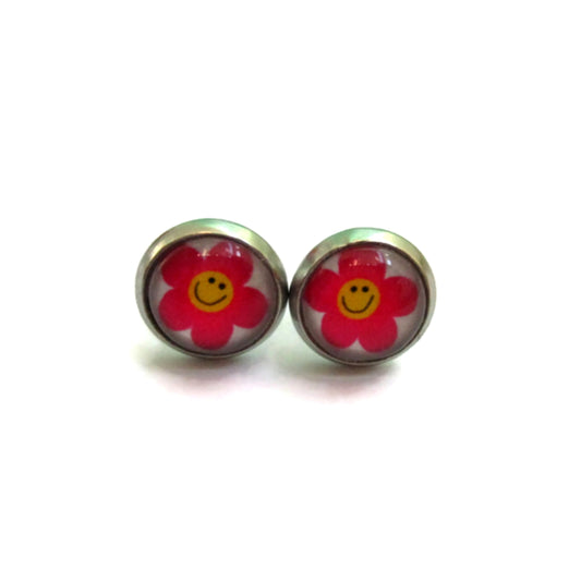 Smiley pink flowers stud earrings