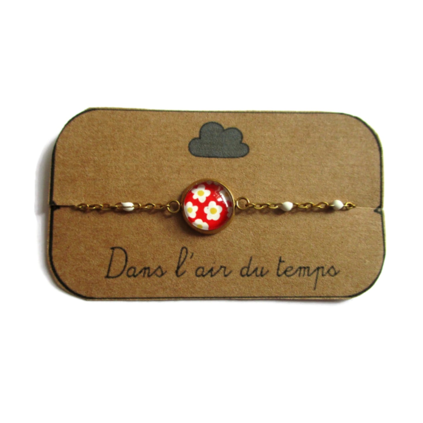 Bracelet Acier Inoxydable Fleurs blanches et jaunes fond rouge