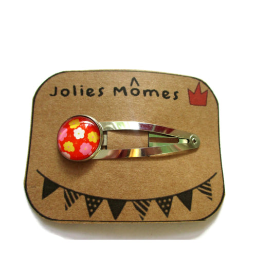 Barrette Enfant Fleurs Multicolores sur fond Rouge