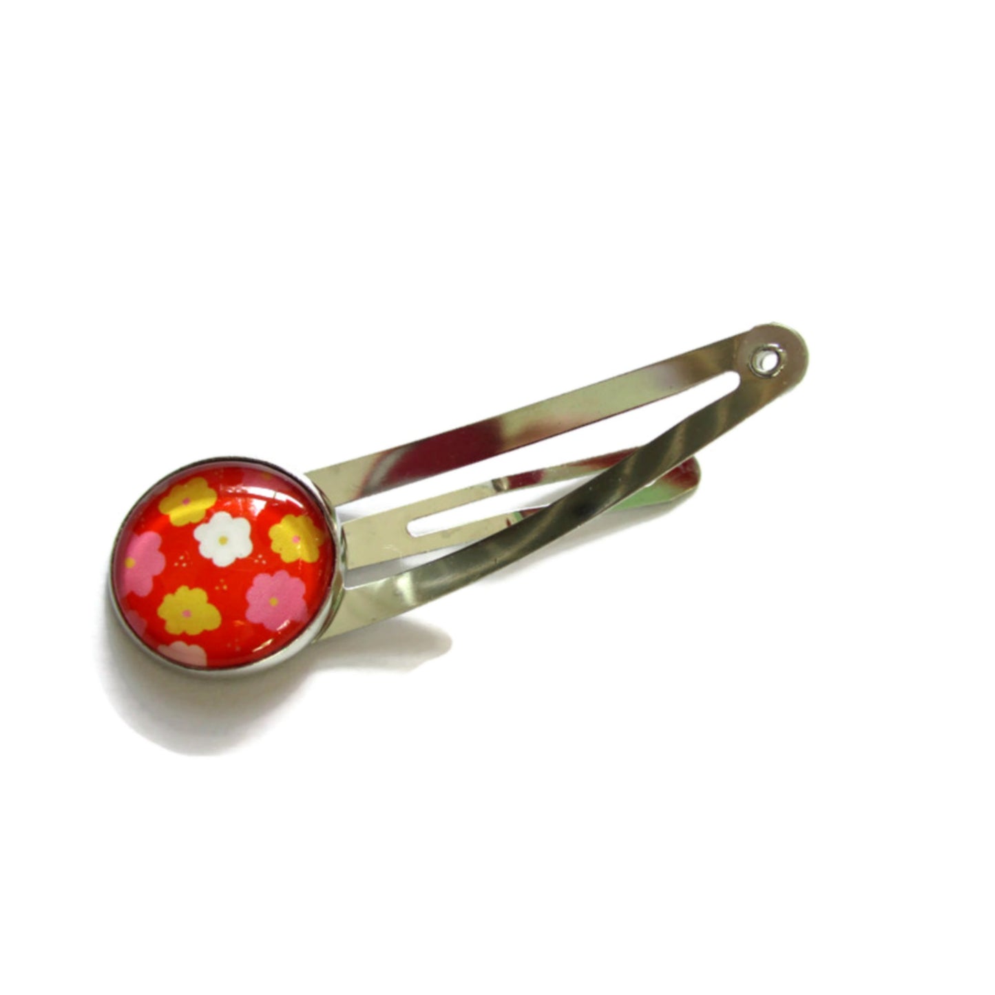 Barrette Enfant Fleurs Multicolores sur fond Rouge