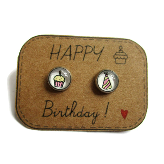 Puces d'Oreilles Enfant cupcake et chapeau d'Anniversaire / Happy Birthday!!