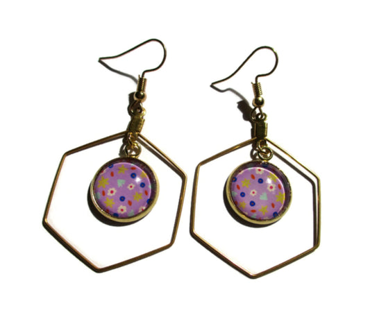 Hexagon purple flower earrings , Golden Stainless Steel Earrings