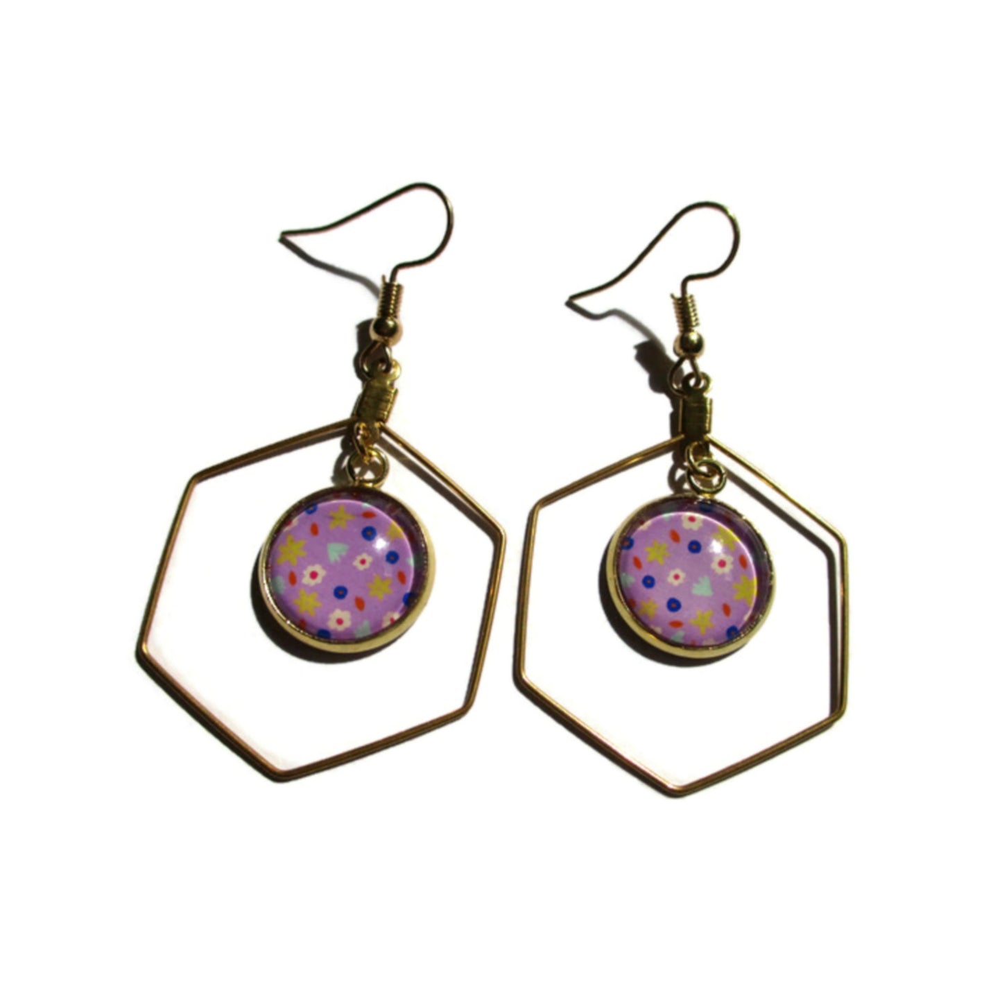 Boucles d'oreilles acier inoxydable doré, Boucles hexagones petites fleurs violettes