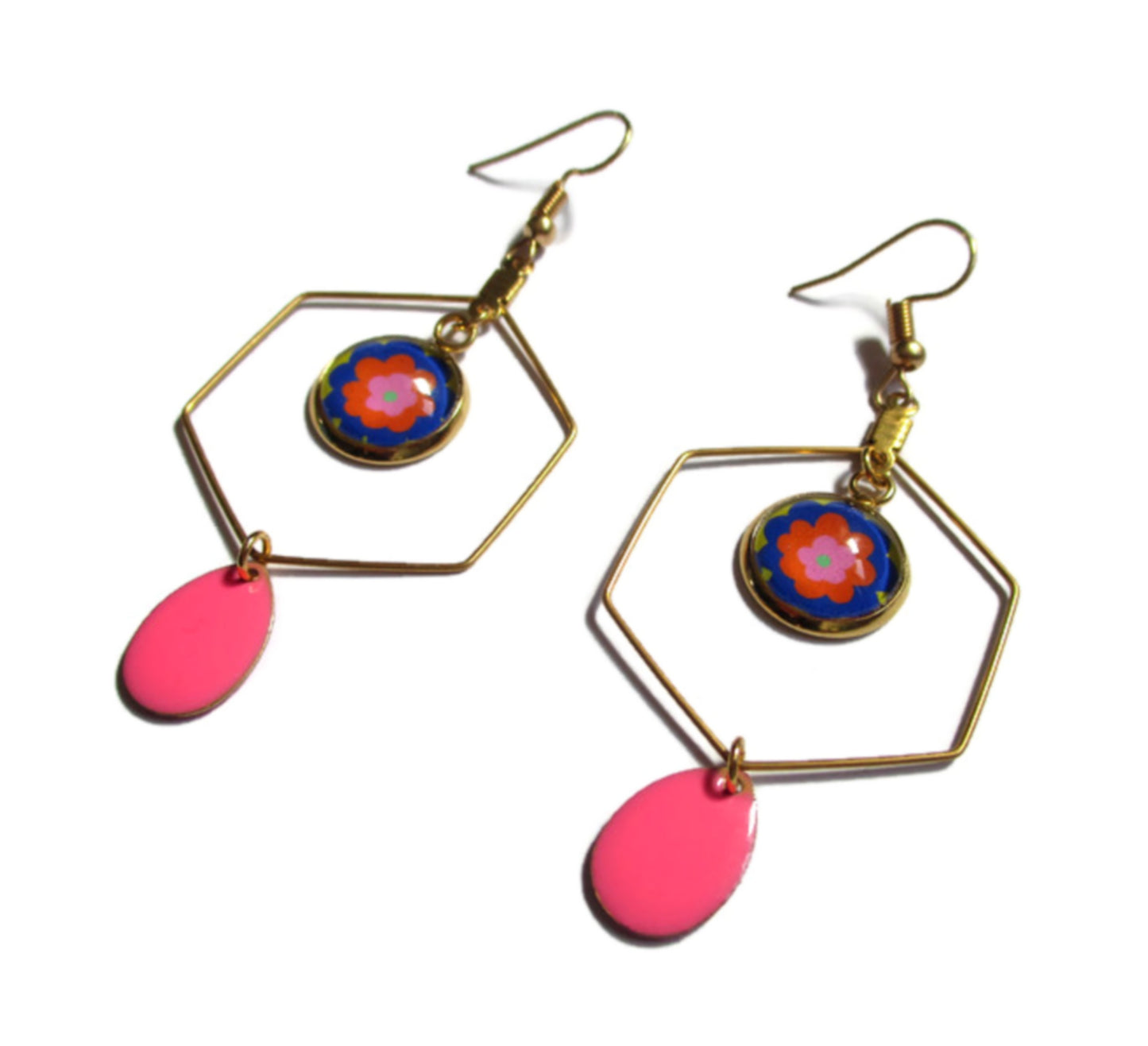 Boucles d'oreilles acier inoxydable doré, Boucles hexagones fleurs seventies multicolores émail rose