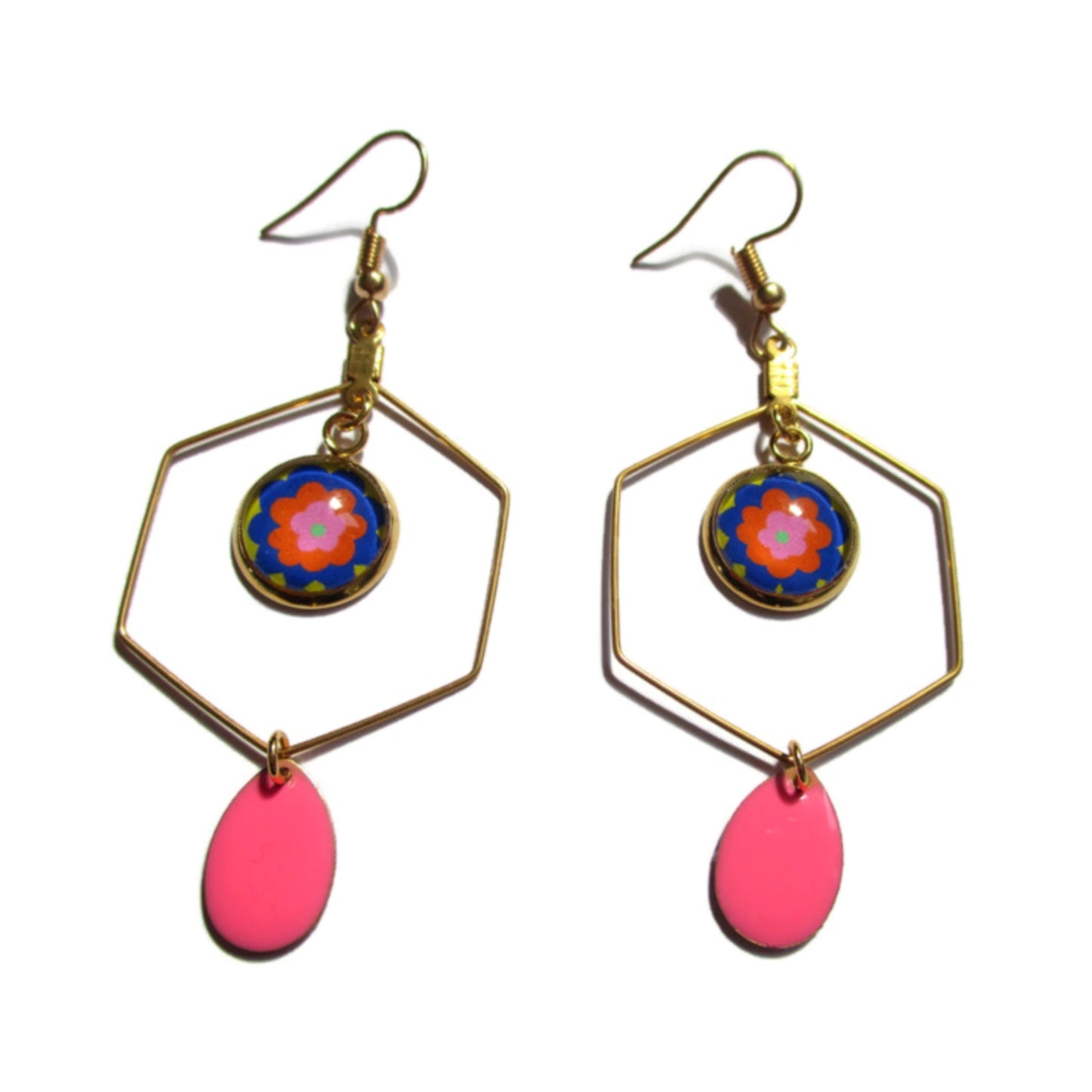 Boucles d'oreilles acier inoxydable doré, Boucles hexagones fleurs seventies multicolores émail rose