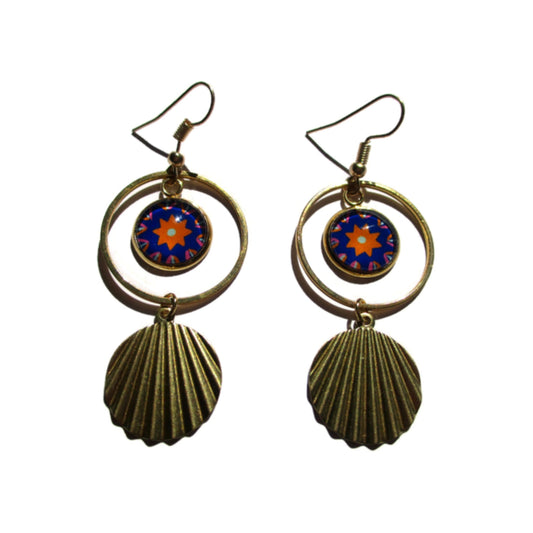 Boucles d'oreilles acier inoxydable doré, Boucles motif mandala bleu et orange, médaille dorée