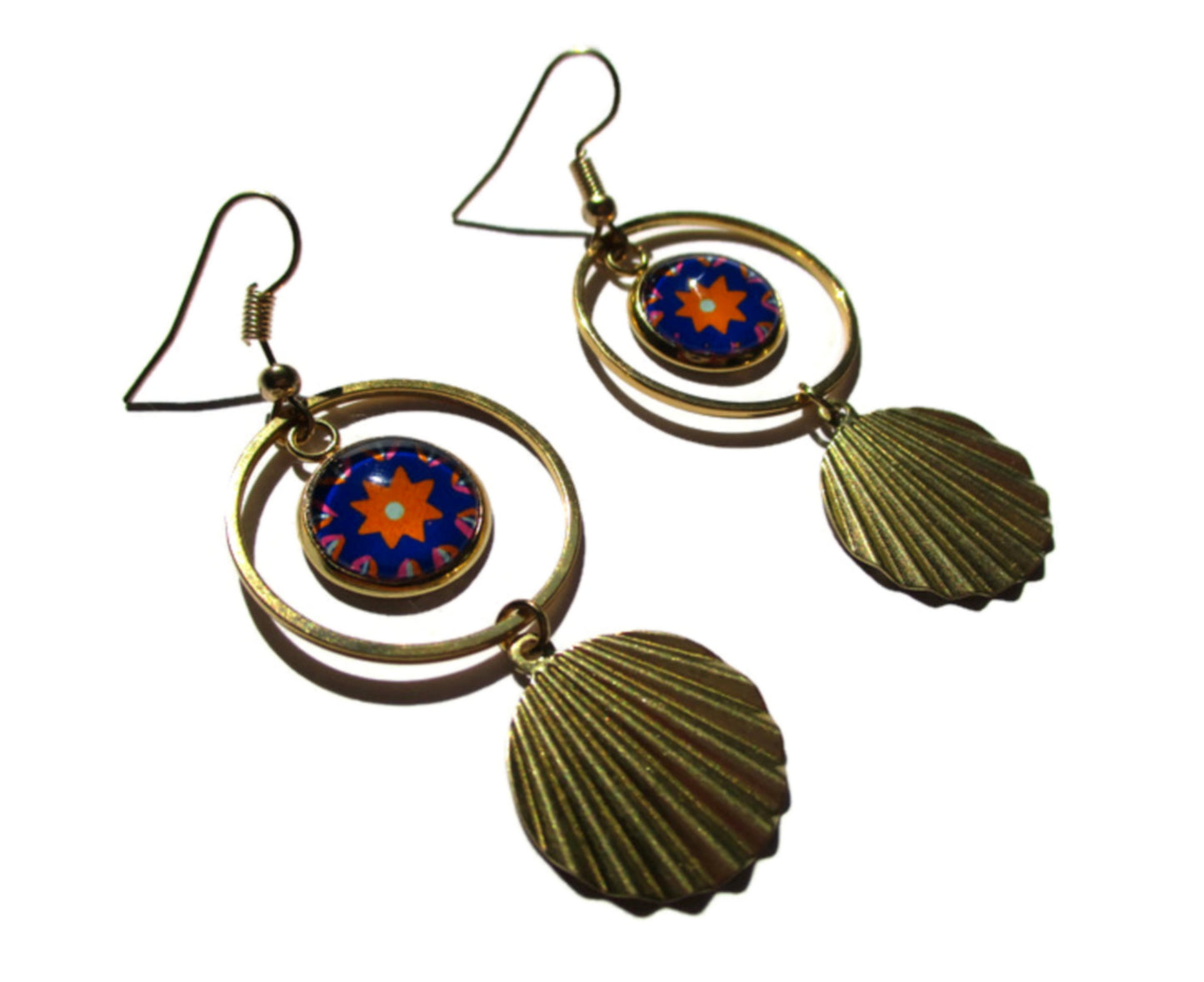 Boucles d'oreilles acier inoxydable doré, Boucles motif mandala bleu et orange, médaille dorée